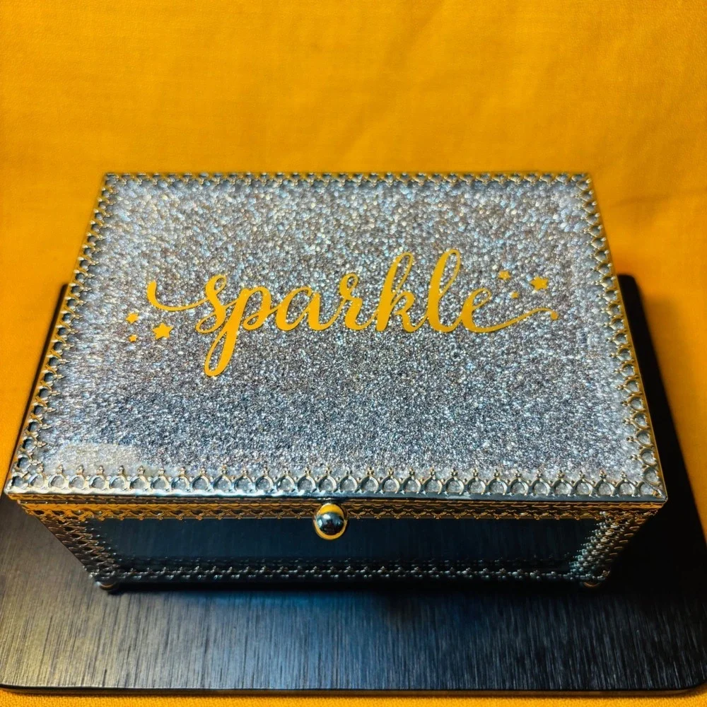 Cynthia Rowley Sparkle Silver Glass Jewelry Trinket Box Mirrored Glam Decor